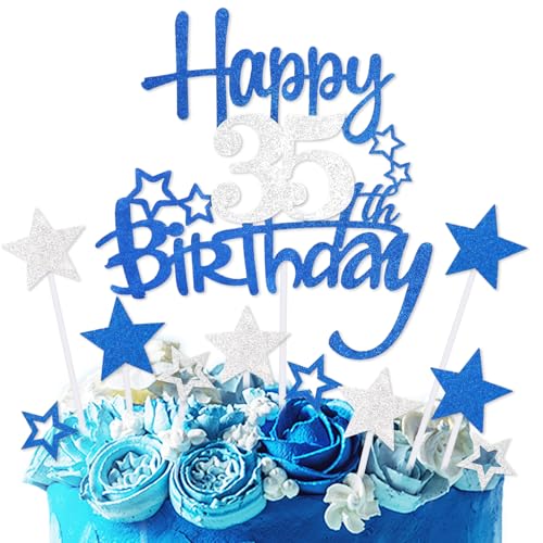 mciskin Kuchendekoration zum 35. Geburtstag, Dekoration für Männer, personalisierbar, königsblauer Glitzerstern, Cupcake-Topper für Mädchen, Jungen, Frauen, Männer, Party-Dekorationen von mciskin