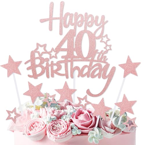 mciskin Kuchendekoration zum 40. Geburtstag, Dekoration für Damen, personalisierbar, rotgoldener Glitzerstern, Cupcake-Topper für Mädchen und Frauen, Party-Dekorationen von mciskin