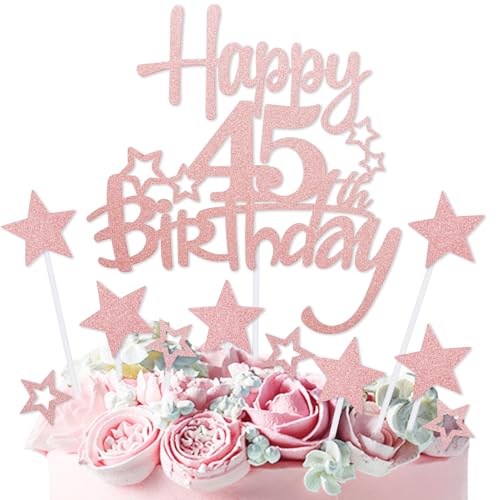 mciskin Kuchendekoration zum 45. Geburtstag, Dekoration für Damen, personalisierbar, rotgoldener Glitzerstern, Cupcake-Topper für Mädchen und Frauen, Party-Dekorationen von mciskin