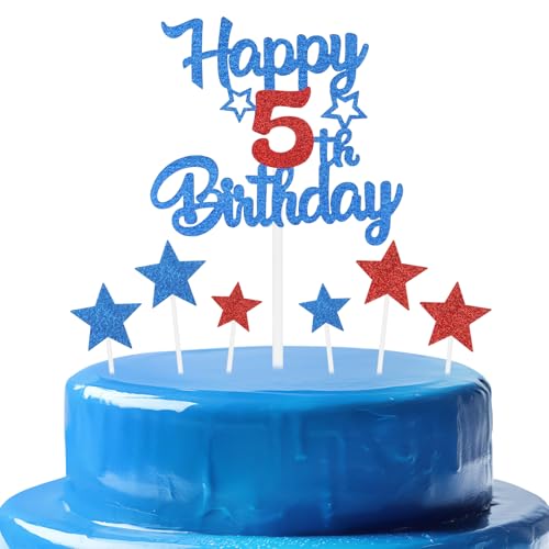 mciskin Kuchendekoration zum 5. Geburtstag, für Jungen, personalisierbar, mit Stern, glitzernd, königsblau und rot, für Mädchen, Jungen, Partyzubehör, Königsblau und Rot von mciskin