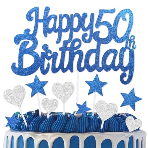 mciskin Kuchendekoration zum 50. Geburtstag, Dekoration für Jungen und Mädchen, königsblaue Kuchendekorationen, personalisierbare Cupcake-Topper mit Herz-Stern für Mädchen, Jungen, Frauen, Männer von mciskin