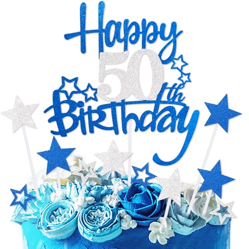 mciskin Kuchendekoration zum 50. Geburtstag, Dekoration für Männer, personalisierbar, königsblau, glitzernd, Stern-Cupcake-Topper für Mädchen, Jungen, Frauen, Männer, Party-Dekorationen von mciskin