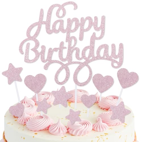 mciskin Lilafarbene Kuchendekoration "Happy Birthday" für Kuchen, hellviolett, Geburtstagsdekorationen, Mädchen und Frauen, personalisierte Kuchendekoration für Mädchen und Frauen, glitzernde von mciskin