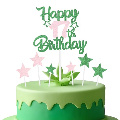 mciskin Rosa und grüne Party-Dekorationen, für Mädchen zum 17. Geburtstag, personalisierbar, glitzernd, rosa und grün, Happy Birthday-Kuchenaufsätze für Mädchen, Partyzubehör mciskin Rosa und grüne Party-Dekorationen, für Mädchen zum 17. Geburtstag, personalisierbar, glitzernd, rosa und grün, Happy Birthday-Kuchenaufsätze für Mädchen, Partyzubehör von mciskin