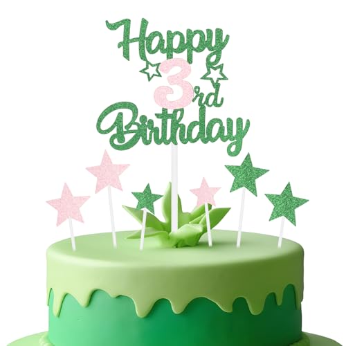 mciskin Rosa und grüne Party-Dekorationen, für Mädchen zum 3. Geburtstag, personalisierbar, glitzernd, rosa und grün, Happy Birthday-Kuchenaufsätze für Mädchen, Partyzubehör mciskin Rosa und grüne Party-Dekorationen, für Mädchen zum 3. Geburtstag, personalisierbar, glitzernd, rosa und grün, Happy Birthday-Kuchenaufsätze für Mädchen, Partyzubehör von mciskin