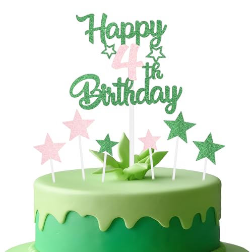 mciskin Rosa und grüne Party-Dekorationen, für Mädchen zum 4. Geburtstag, personalisierbar, glitzernd, rosa und grün, Happy Birthday-Kuchenaufsätze für Mädchen, Partyzubehör von mciskin