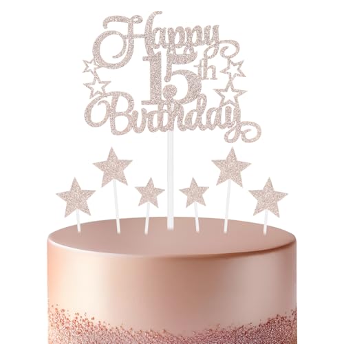 mciskin Roségoldene Dekoration zum 15. Geburtstag für Mädchen, personalisierbar "Happy 15th Birthday", Cupcake-Topper für Kuchen, glitzernde Roségold-Kuchenaufsätze für Mädchen, Jungen, Frauen, Männer von mciskin
