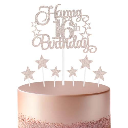 mciskin Roségoldene Dekoration zum 16. Geburtstag für Mädchen, personalisierbar, "Happy 16th Birthday", Cupcake-Topper für Kuchen, glitzernde Roségold-Kuchenaufsätze für Mädchen, Jungen, Frauen von mciskin