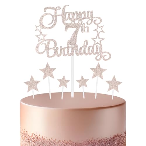 mciskin Roségoldene Dekoration zum 7. Geburtstag für Mädchen, personalisierte Cupcake-Topper zum 7. Geburtstag, glitzernde Roségold-Kuchendekoration für Mädchen, Jungen, Frauen, Männer, Partyzubehör von mciskin
