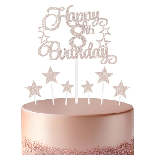 mciskin Roségoldene Dekoration zum 8. Geburtstag für Mädchen, personalisierbar "Happy 8th Birthday", Cupcake-Topper für Kuchen, glitzernde Roségold-Kuchenaufsätze für Mädchen, Jungen, Frauen, Männer von mciskin