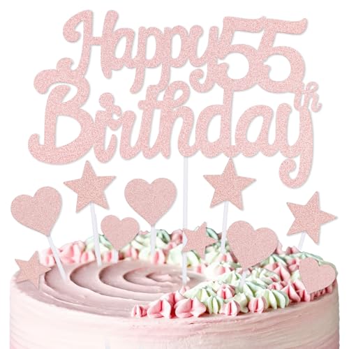 mciskin Roségoldene Kuchendekoration zum 55. Geburtstag, Dekoration für Frauen, rotgoldene Kuchendekorationen, personalisierbare Cupcake-Topper mit Herz-Stern für Mädchen und Frauen von mciskin