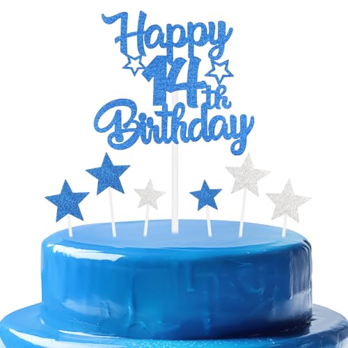 mciskin Royal Blue 14th Birthday Decorations for Boys,Personalised Happy 14th Birthday Cupcake Toppers for Cake,Glitter Royal Blue Cake Toppers for Girls Boys Women Men Party Favor Supplies Decor von mciskin