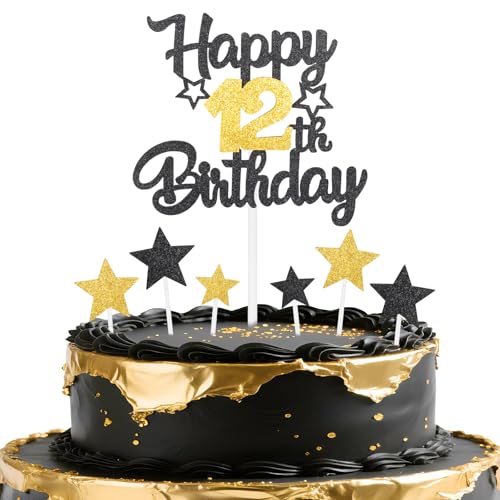 mciskin Schwarz-goldene Dekoration zum 12. Geburtstag, für Jungen, Party-Dekorationen, personalisierbar, glitzernd, Happy 12th Birthday, Kuchendekoration für Mädchen und Jungen, Partyzubehör von mciskin