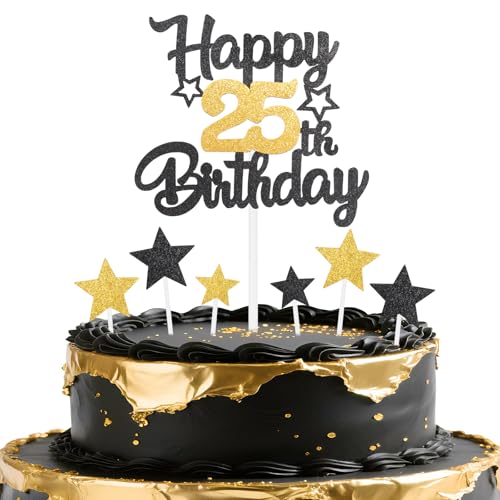 mciskin Schwarz-goldene Dekoration zum 25. Geburtstag, für Jungen, Party-Dekorationen, personalisierbar, glitzernd, Happy 25th Birthday, Kuchendekoration für Mädchen und Jungen, Partyzubehör von mciskin