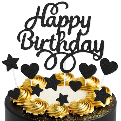 mciskin Schwarze Kuchendekoration "Happy Birthday" für Kuchen, schwarze Geburtstagsdekorationen, Mädchen und Jungen, personalisierte Kuchendekoration für Damen und Herren, glitzernde Kuchendekoration von mciskin