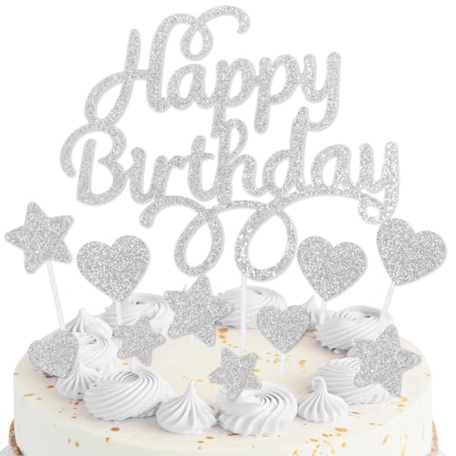 mciskin Silberne Happy Birthday-Kuchendekoration für Kuchen, silberne Geburtstagsdekorationen, Mädchen und Jungen, personalisierte Kuchendekoration für Männer und Frauen, glitzernde Kuchendekoration von mciskin