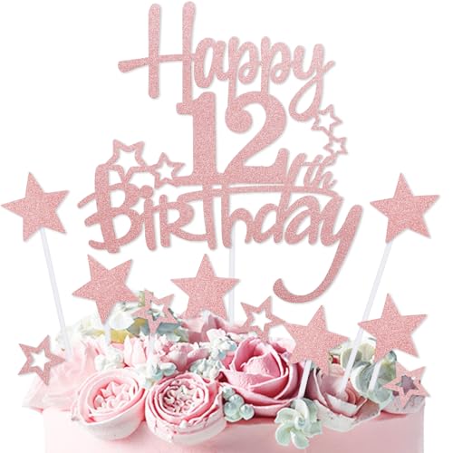mciskin Tortenaufsatz "Happy 12th Birthday", Dekoration für Mädchen, personalisierbar, rotgoldener Glitzerstern, Cupcake-Topper für Mädchen und Frauen, Party-Dekorationen mciskin Tortenaufsatz "Happy 12th Birthday", Dekoration für Mädchen, personalisierbar, rotgoldener Glitzerstern, Cupcake-Topper für Mädchen und Frauen, Party-Dekorationen von mciskin
