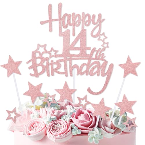 mciskin Tortenaufsatz "Happy 14th Birthday", Dekoration für Mädchen, personalisierbar, rotgoldener Glitzerstern, Cupcake-Topper für Mädchen und Frauen, Party-Dekorationen von mciskin
