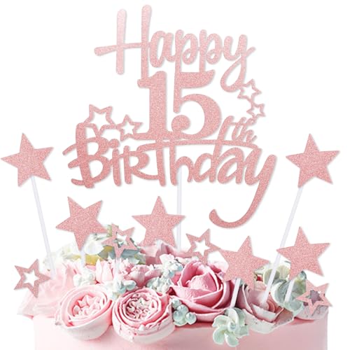 mciskin Tortenaufsatz "Happy 15th Birthday", Dekoration für Mädchen, personalisierbar, rotgoldener Glitzerstern, Cupcake-Topper für Mädchen und Frauen, Party-Dekorationen von mciskin