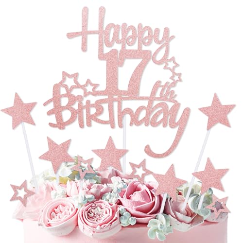 mciskin Tortenaufsatz "Happy 17th Birthday", Dekoration für Mädchen, personalisierbar, rotgoldener Glitzerstern, Cupcake-Topper für Mädchen und Frauen, Party-Dekorationen mciskin Tortenaufsatz "Happy 17th Birthday", Dekoration für Mädchen, personalisierbar, rotgoldener Glitzerstern, Cupcake-Topper für Mädchen und Frauen, Party-Dekorationen von mciskin