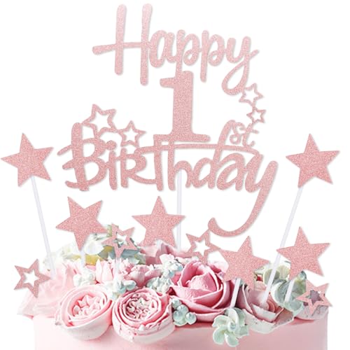 mciskin Tortenaufsatz "Happy 1st Birthday", Dekoration für Mädchen, personalisierbar, rotgoldener Glitzerstern, Cupcake-Topper für Mädchen und Frauen, Party-Dekorationen von mciskin