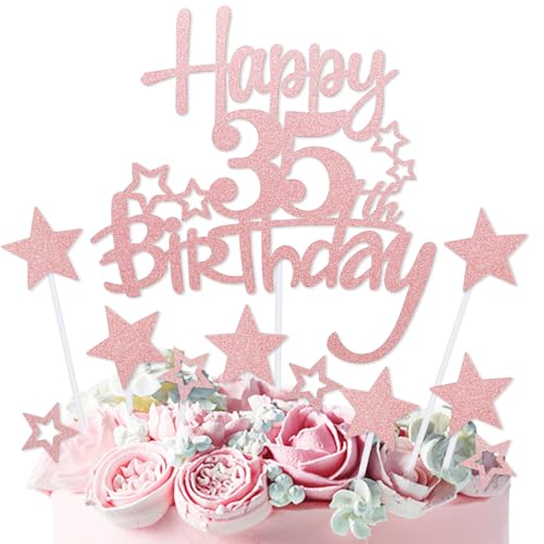mciskin Tortenaufsatz "Happy 35th Birthday", Dekoration für Damen, personalisierbar, rotgoldener Glitzerstern, Cupcake-Topper für Mädchen und Frauen, Party-Dekorationen mciskin Tortenaufsatz "Happy 35th Birthday", Dekoration für Damen, personalisierbar, rotgoldener Glitzerstern, Cupcake-Topper für Mädchen und Frauen, Party-Dekorationen von mciskin