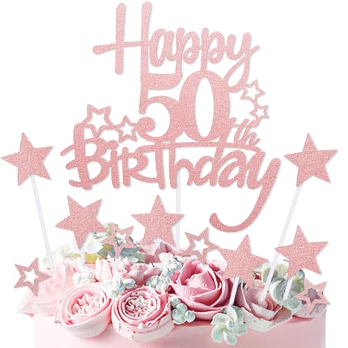 mciskin Tortenaufsatz "Happy 50th Birthday", Dekoration für Damen, personalisierbar, rotgoldener Glitzerstern, Cupcake-Topper für Mädchen und Frauen, Party-Dekorationen mciskin Tortenaufsatz "Happy 50th Birthday", Dekoration für Damen, personalisierbar, rotgoldener Glitzerstern, Cupcake-Topper für Mädchen und Frauen, Party-Dekorationen von mciskin