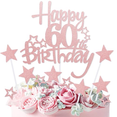 mciskin Tortenaufsatz "Happy 60th Birthday", Dekoration für Damen, personalisierbar, rotgoldener Glitzerstern, Cupcake-Topper für Mädchen und Frauen, Party-Dekorationen von mciskin