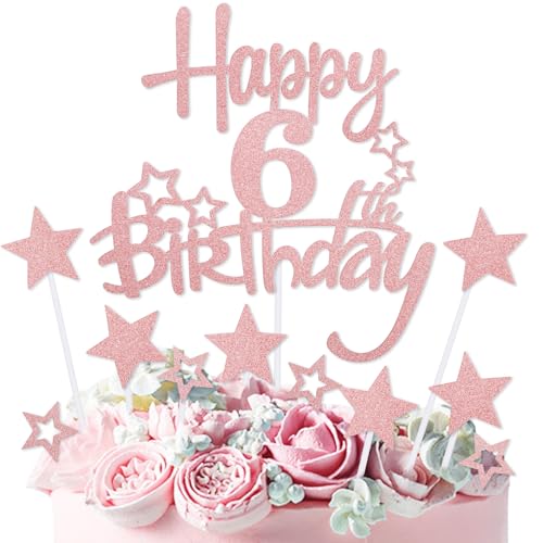 mciskin Tortenaufsatz "Happy 6th Birthday", Dekoration für Mädchen, personalisierbar, rotgoldener Glitzerstern, Cupcake-Topper für Mädchen und Frauen, Party-Dekorationen mciskin Tortenaufsatz "Happy 6th Birthday", Dekoration für Mädchen, personalisierbar, rotgoldener Glitzerstern, Cupcake-Topper für Mädchen und Frauen, Party-Dekorationen von mciskin