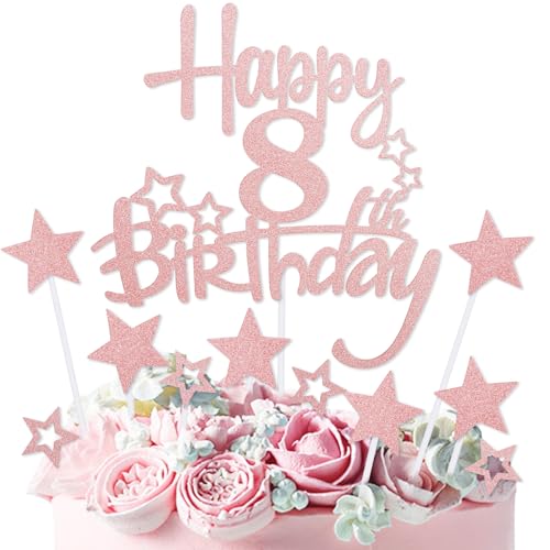 mciskin Tortenaufsatz "Happy 8th Birthday", Dekoration für Mädchen, personalisierbar, rotgoldener Glitzerstern, Cupcake-Topper für Mädchen und Frauen, Party-Dekorationen von mciskin
