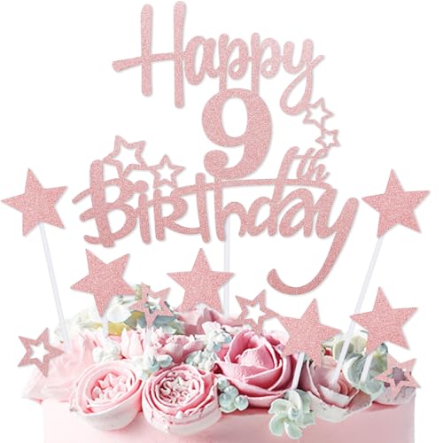 mciskin Tortenaufsatz "Happy 9th Birthday", Dekoration für Mädchen, personalisierbar, rotgoldener Glitzerstern, Cupcake-Topper für Mädchen und Frauen, Party-Dekorationen mciskin Tortenaufsatz "Happy 9th Birthday", Dekoration für Mädchen, personalisierbar, rotgoldener Glitzerstern, Cupcake-Topper für Mädchen und Frauen, Party-Dekorationen von mciskin