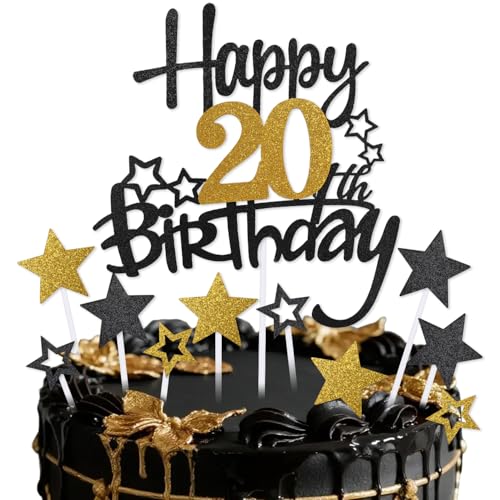 mciskin Tortenaufsatz zum 20. Geburtstag, Dekoration für Jungen und Mädchen, Schwarz und Gold, Stern-Cupcake-Topper, personalisierbar, für Mädchen und Jungen, Vogelheu-Party-Dekorationen mciskin Tortenaufsatz zum 20. Geburtstag, Dekoration für Jungen und Mädchen, Schwarz und Gold, Stern-Cupcake-Topper, personalisierbar, für Mädchen und Jungen, Vogelheu-Party-Dekorationen von mciskin