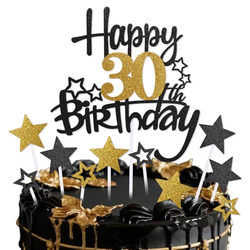 mciskin Tortenaufsatz zum 30. Geburtstag, Dekoration für Männer und Frauen, Schwarz und Gold, Stern-Cupcake-Topper, personalisierte Kuchendekoration für Damen und Herren, Vogelheu-Party-Dekorationen von mciskin