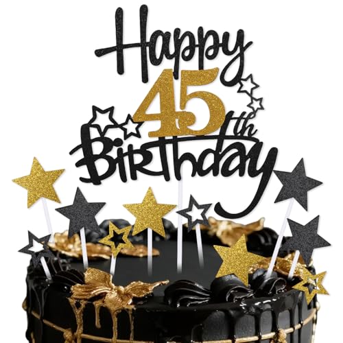 mciskin Tortenaufsatz zum 45. Geburtstag, Dekoration für Männer und Frauen, Schwarz und Gold, Stern-Cupcake-Topper, personalisierte Kuchendekoration für Damen und Herren, Vogelheu-Party-Dekorationen von mciskin
