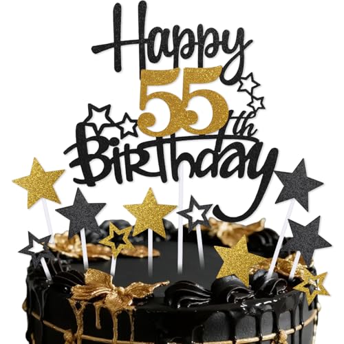 mciskin Tortenaufsatz zum 55. Geburtstag, Dekoration für Männer und Frauen, schwarze und goldene Stern-Cupcake-Topper, personalisierte Kuchendekoration für Damen und Herren von mciskin