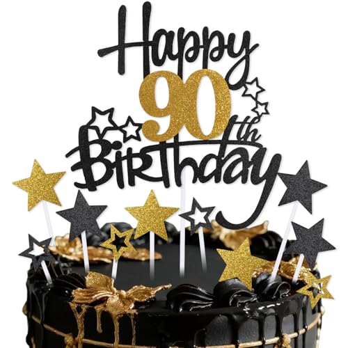 mciskin Tortenaufsatz zum 90. Geburtstag, Dekoration für Männer und Frauen, Schwarz und Gold, Stern-Cupcake-Topper, personalisierte Kuchendekoration für Damen und Herren, Vogelheu-Party-Dekorationen von mciskin
