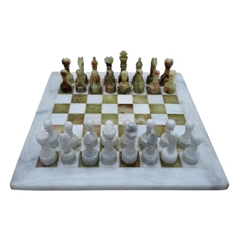 Marmor Schachspiel Schachbrett 12 Zoll/ 30 cm inkl. 32er Schachfiguren Farbe Marmor Weiß und Onyx grün Naturprodukt Handarbeit Geschenkidee von medina mood