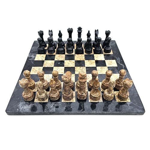 Marmor Schachspiel Schachbrett 12 Zoll/ 30 cm inkl. 32er Schachfiguren Farbe schwarz und schwarz und Fossil beige Naturprodukt Handarbeit Geschenkidee von medina mood