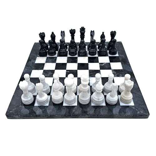 Marmor Schachspiel Schachbrett 12 Zoll/ 30 cm inkl. 32er Schachfiguren Farbe schwarz und weiß-grau Naturprodukt Handarbeit Geschenkidee von medina mood