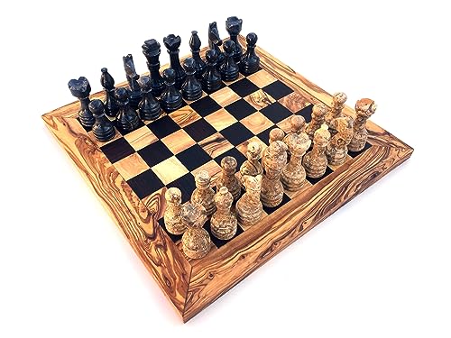 Schachspiel gerade Kante Größe wählbar L/XL inklusive 32 Schachfiguren aus Marmor Handgemacht aus Olivenholz Wenge (L) von medina mood