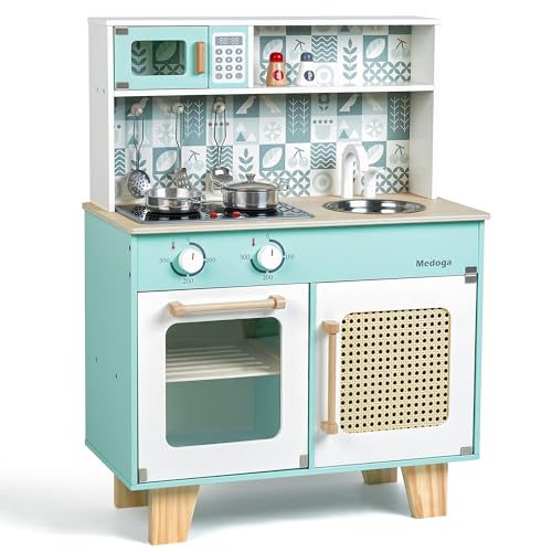 Holz Küche Spielset, Kleinkind Küche Set für Alter 3-6 Pretend Play Küche mit echten Lichtern und Sounds Kinder Spielzeug Küche Sets Spielzeug Geschenk für Mädchen Jungen (Green) von medoga