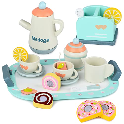 Tee-Set aus Holz, Spielzeug, Küchenzubehör für Kinder, Rollenspiel, Essen für Kleinkinder, Teeparty-Set für 3, 4, 5 Jahre alte Mädchen und Jungen (mehrfarbig) von medoga
