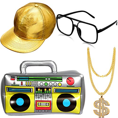 Hip Hop Kostüm Kit Hut Sonnenbrille Gold Kette 80s/ 90s Rapper Zubehör (Gold Baseball Mütze, Boom Box) von meekoo