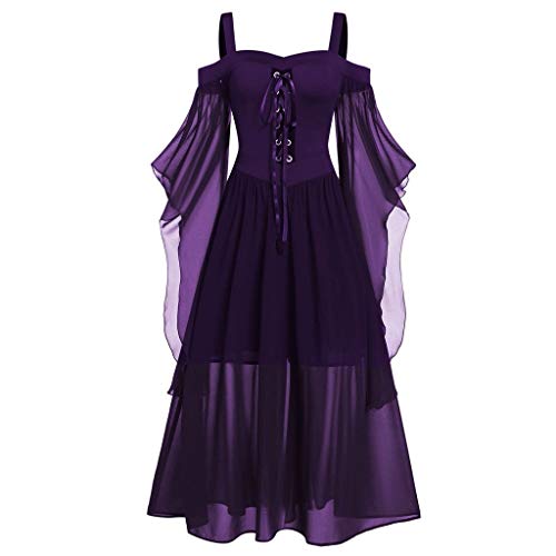 Halloween Kostüm Damen,Damen Mittelalter Kleid mit Trompetenärmel Gothic Retro Kleid Renaissance Cosplay Kostüm Gebunden Taille Übergröße Kleid Karneval Party Halloween Kostüm #T1(Dark Purple, XXXL) von meiodtion