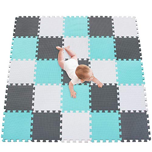 meiqicool Puzzlematte Spielmatte Spielteppich Schaumstoff Puzzle Kinderteppich Boden Puzzle kriechen Play Spiel Matte für Baby Kinder,Kleinkind sicher zu verwenden Grün-weiß-grau 25 PCS AHL von meiqicool