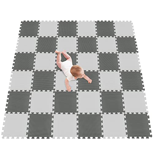 meiqicool Puzzlematte Spielteppich aus Schaumstoff für Puzzleteppich, Kinderteppich, Weiß und Grau, 36-teilig AL von meiqicool