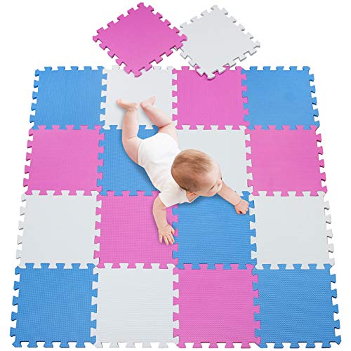 meiqicool Spielmatte 18 TLG Spielteppich Puzzlematte Kinderteppich Matte Schutzmatte Kinderspielteppich Schaumstoffmatte bunt Lernteppich Puzzleteppich Puzzle Weiß Pink Blau 010307 von meiqicool