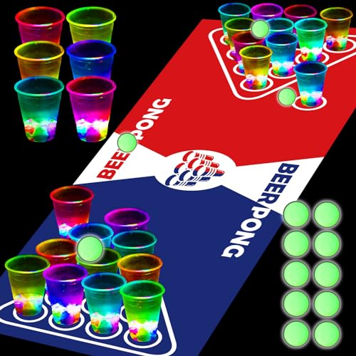 meishuneu Glowing Pong Table Mat Set with Flashing Cups & LED Balls - 180x58 cm Indoor/Outdoor Beer Pong Game for Adults - Party Festival Drinking Games von meishuneu