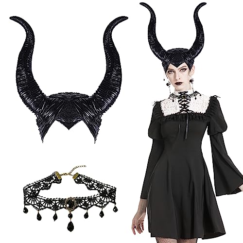 mellystore Halloween Maleficent Kostüm Damen Maleficent Hörner Haarreif Schwarze Königin Hörner Teufel Kopfschmuck mit Gothic Spitze Halskette Verstellbares Böse Hexenkostüm Cosplay Zubehör von mellystore