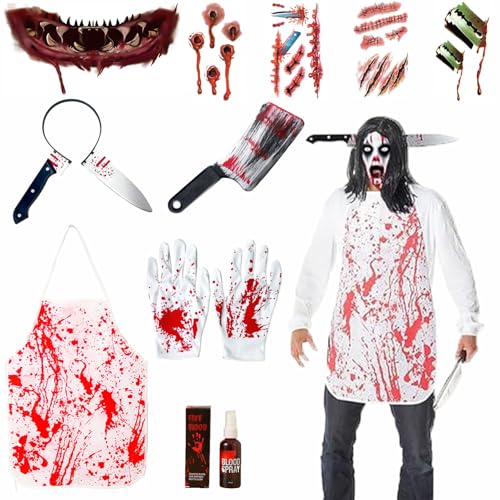 mellystore Halloween Schlächter Kostüm,Metzger Kostüm Herren Damen,Blutige Schürze Handschuhe Tattoos Fleischermesser für Vampir Zombie Themenpartys Karneval Rollenspiel mellystore Halloween Schlächter Kostüm,Metzger Kostüm Herren Damen,Blutige Schürze Handschuhe Tattoos Fleischermesser für Vampir Zombie Themenpartys Karneval Rollenspiel von mellystore